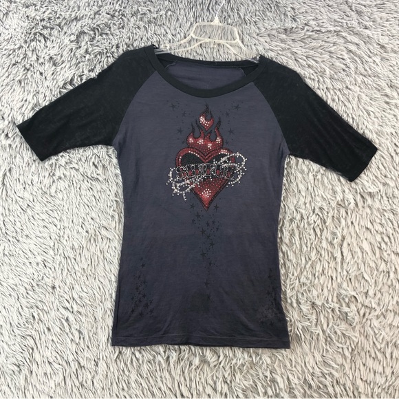 Sinful Shirt Womens Small Spellout Embellished Heart Stars Burnout Wings - Picture 1 of 8